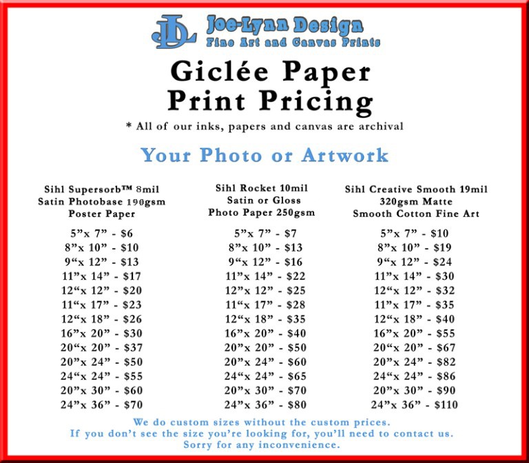 Giclée Print Pricing